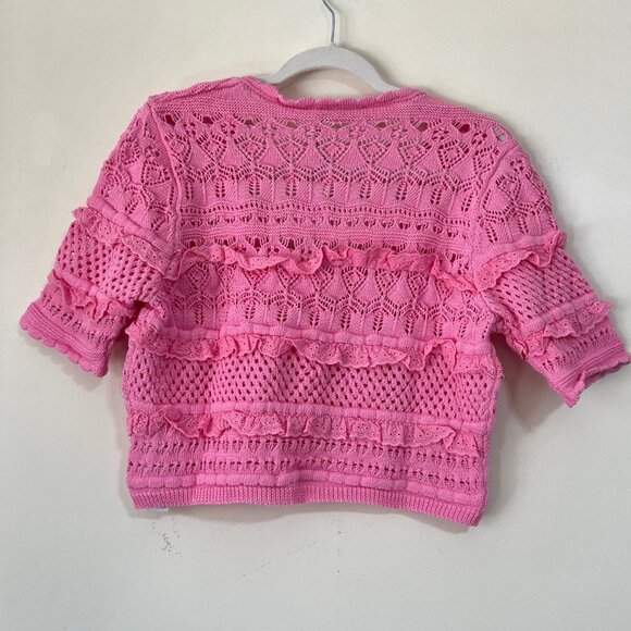 NEW ZARA Pink Cotton Knit Crochet Crop Top: Cottagecore Cardigan - Picture 12 of 16